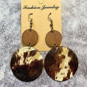 Western Style Double Layer Round Wood Animal Print Earrings lot of 3